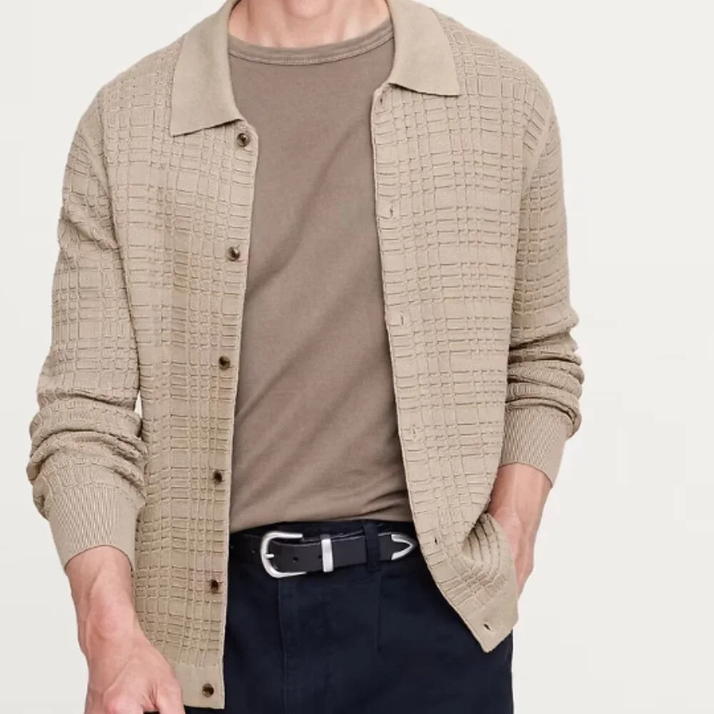 Banana Republic Plaid Texture Cotton Polo Cardigan, Khaki Beige, Medium, EUC